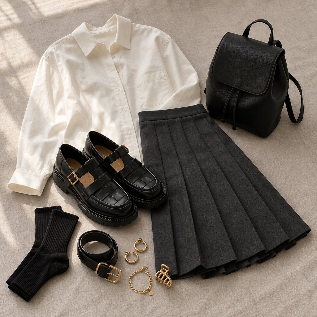 Flat-lay outfit scene with the fisherman shoes and matching accessories