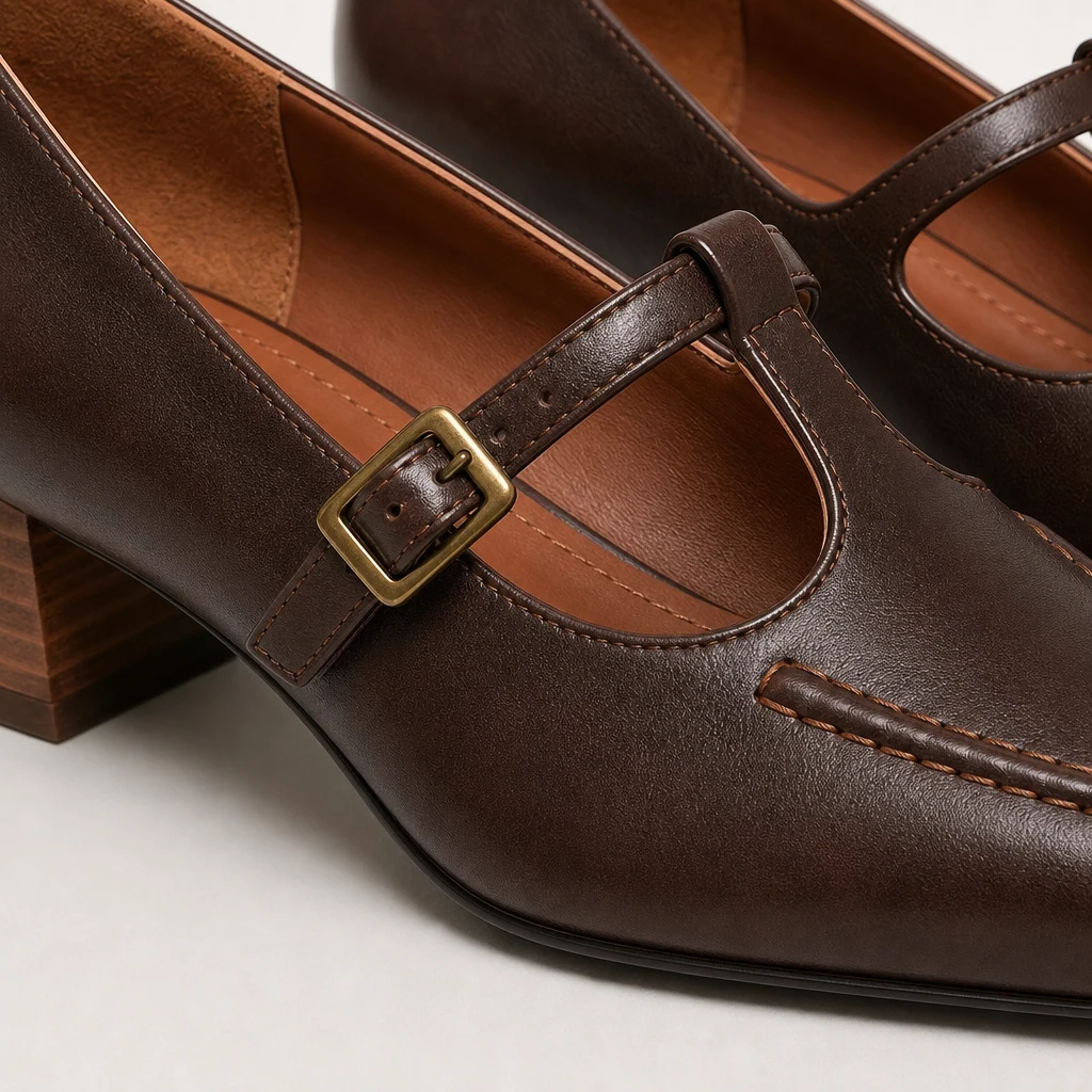 Detalhe de close-up da tira com fivela, costura e acabamento nos sapatos sociais de salto baixo