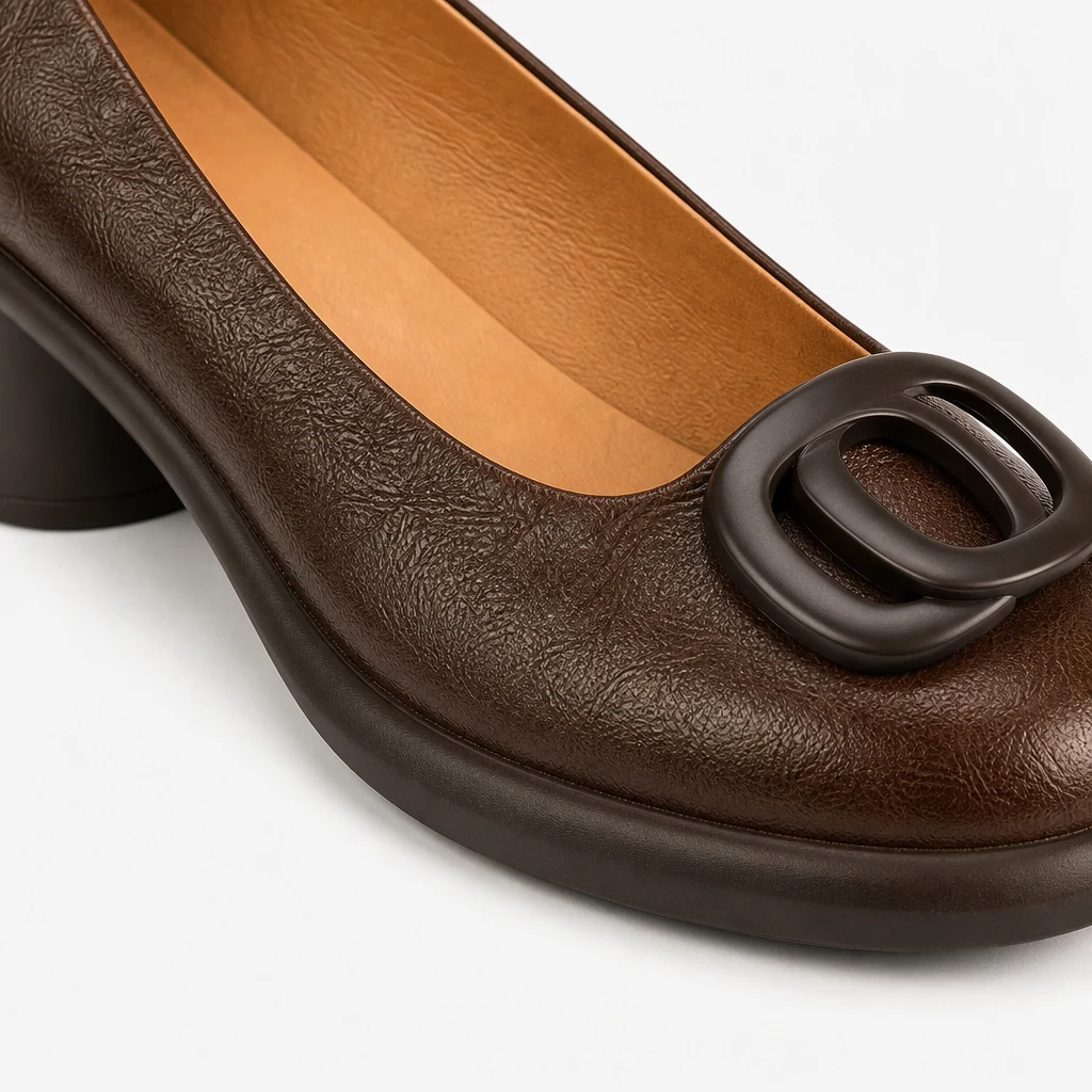 Lähikuva nahkaisen loafer-tekstuurista ja soljen yksityiskohdista