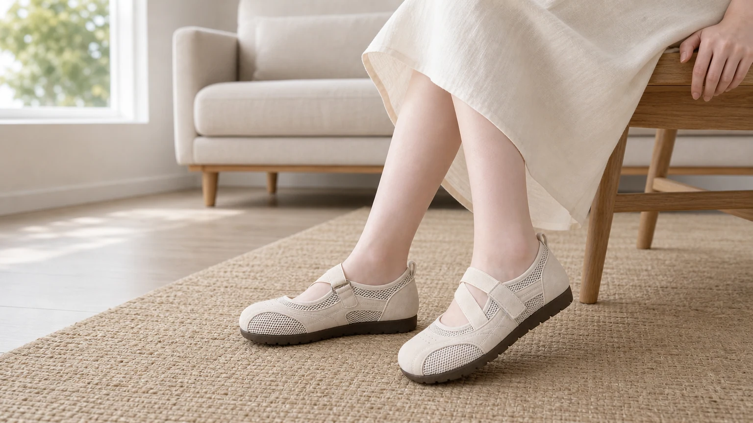 Mary Jane ballerina's met mesh-panelen, gestyled in een casual binnenomgeving.