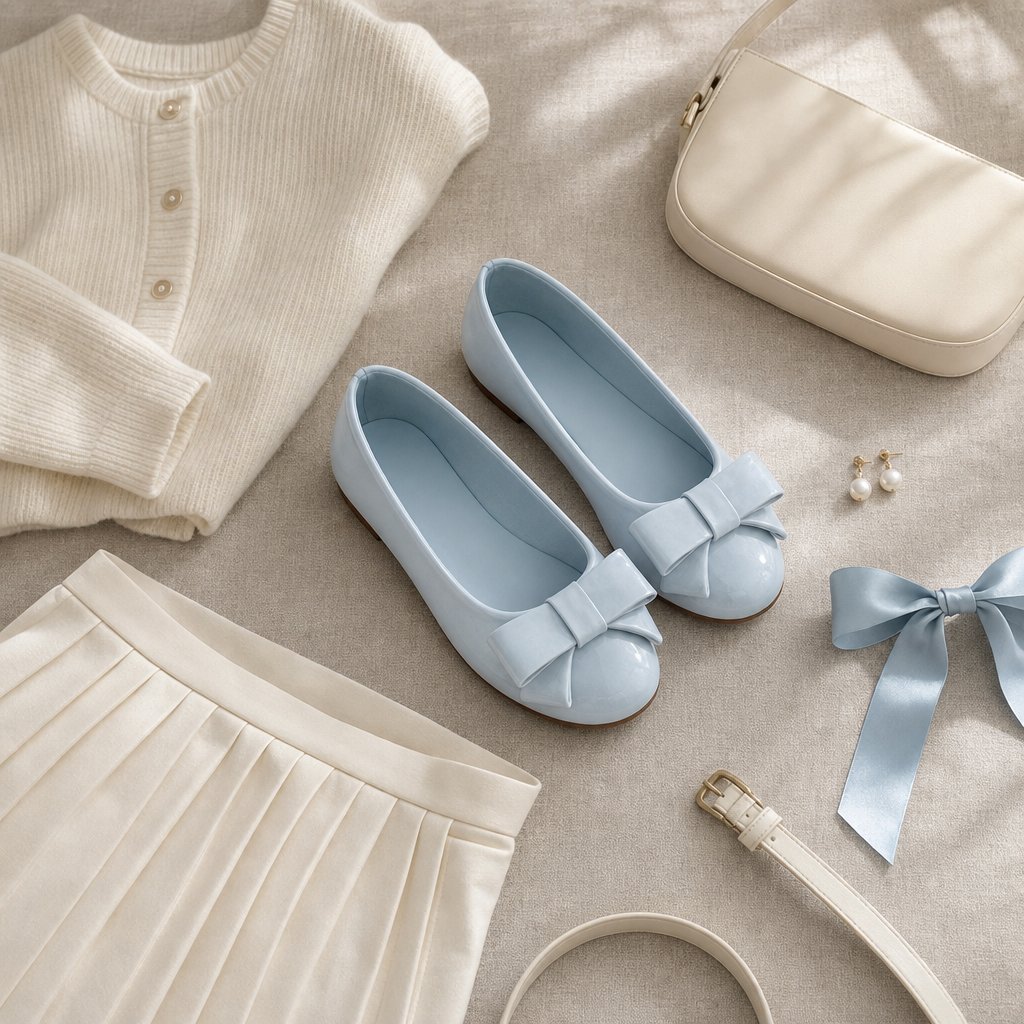 Lichtblauwe glanzende ballerina's met strikjes, gecombineerd met accessoires.