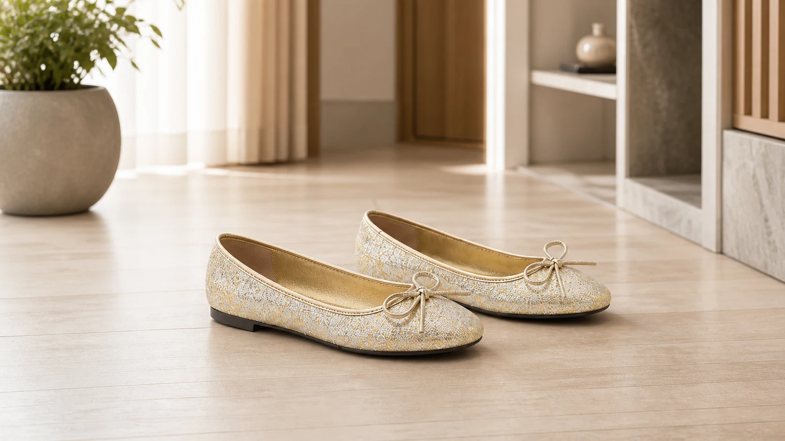 Minimalistische, chique en lichtgewicht platte schoenen met ronde neus, gestyled in een warme, alledaagse setting.