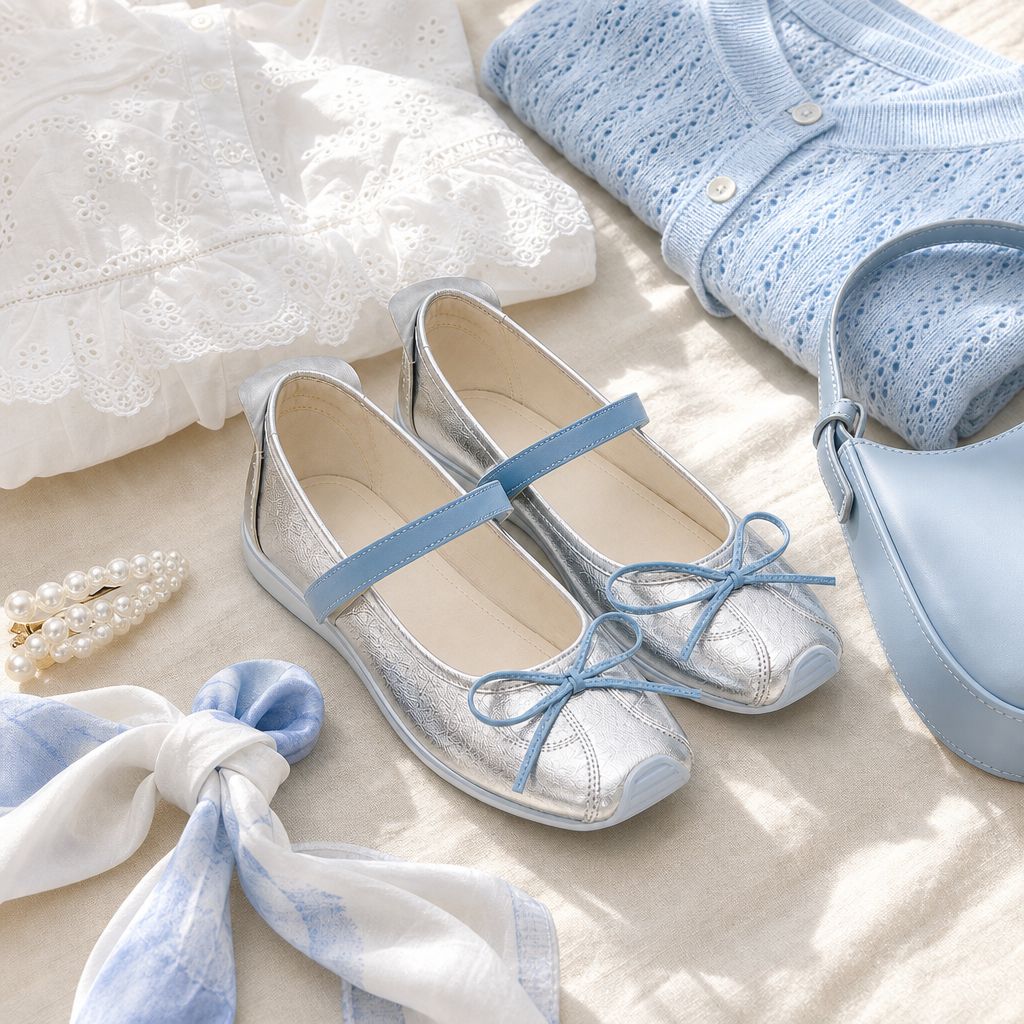 Mary-Jane-Schuhe, flach liegend arrangiert mit Stoff und Accessoires