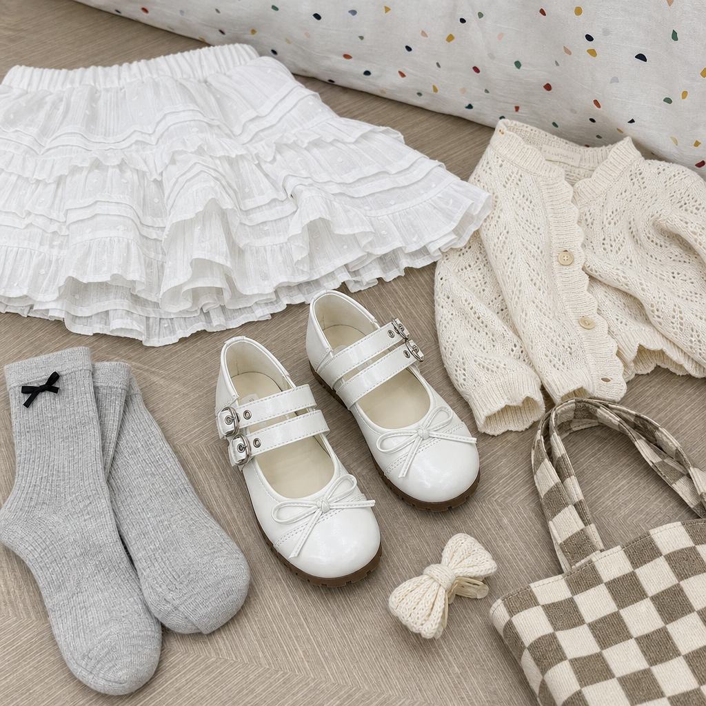 Off-white Mary Jane ballerina's in een flatlay met sokken en accessoires.