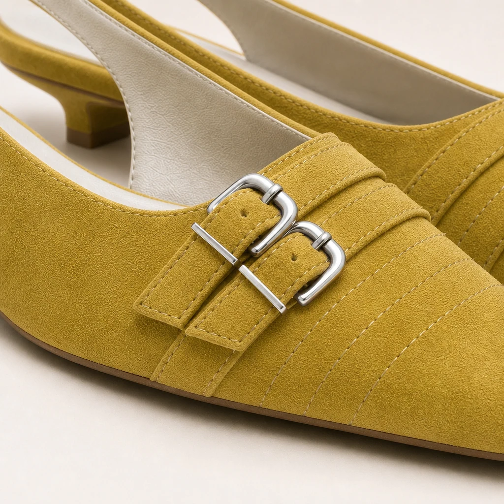 Close da parte superior texturizada e detalhes de fivela nas sapatilhas tipo slingback