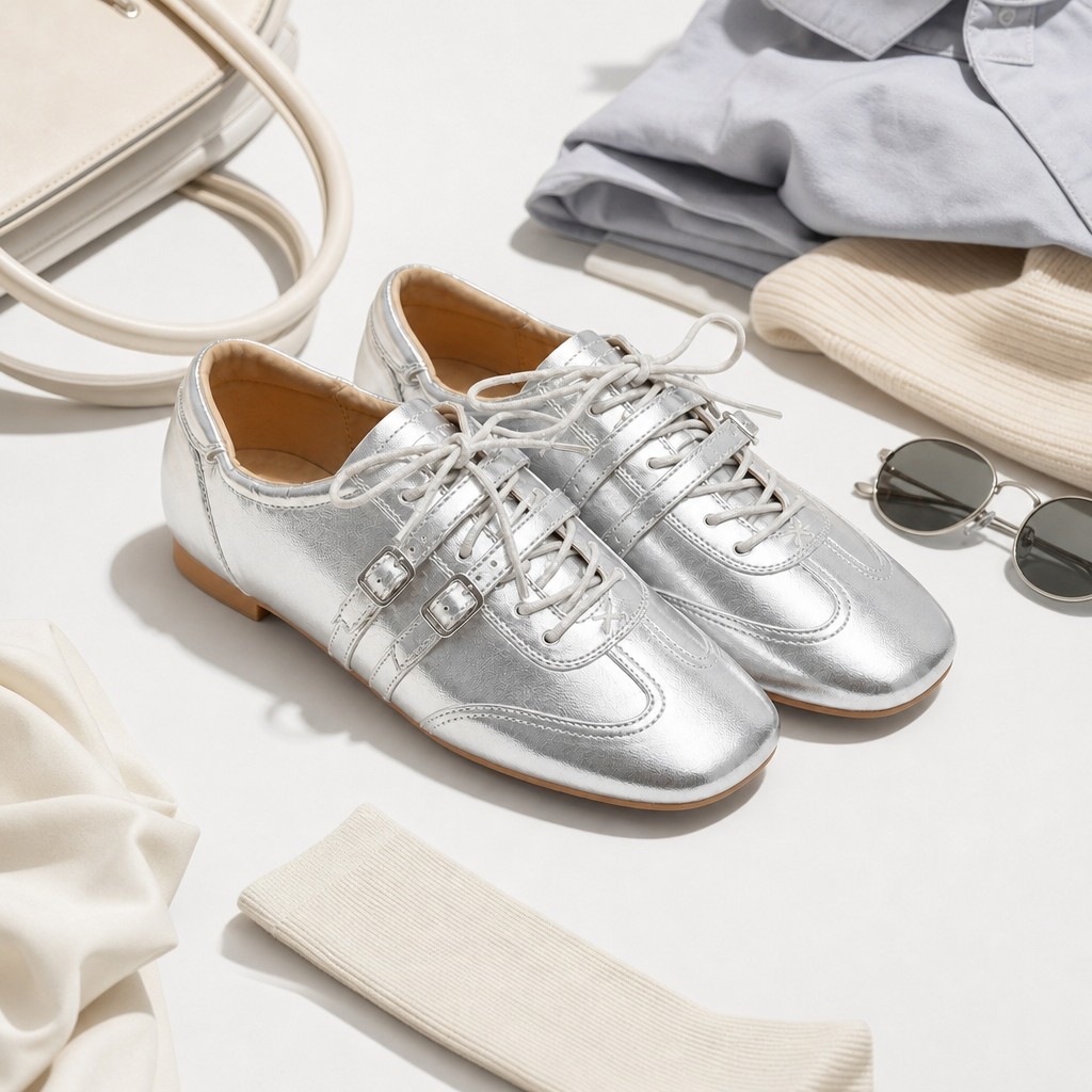 Gestileerd plat leggen van zilveren flats met kleding en accessoires