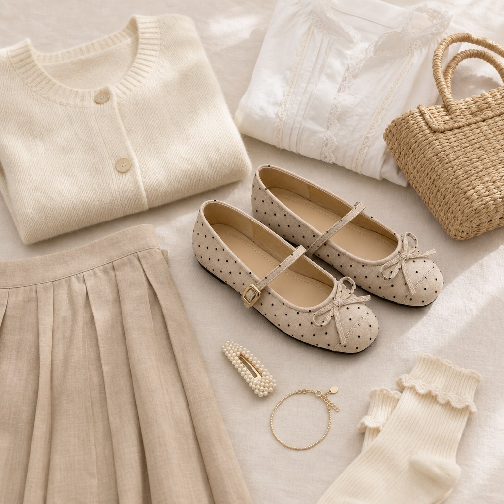 Crèmekleurige Mary Jane ballerina's met kleding en accessoires