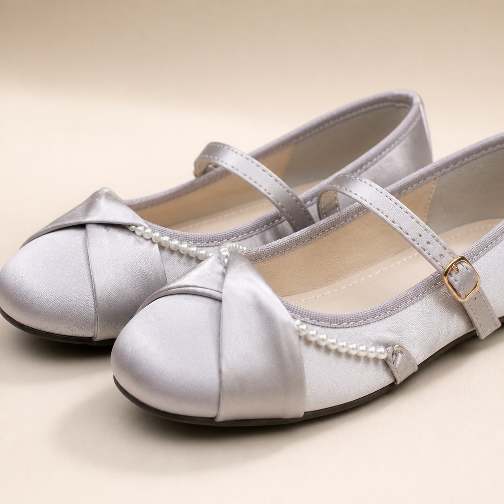 Nahaufnahme der Riemenschnalle, des plissierten Zehenbereichs und des Perlenbesatzes an silbernen Mary-Jane-Ballerinas