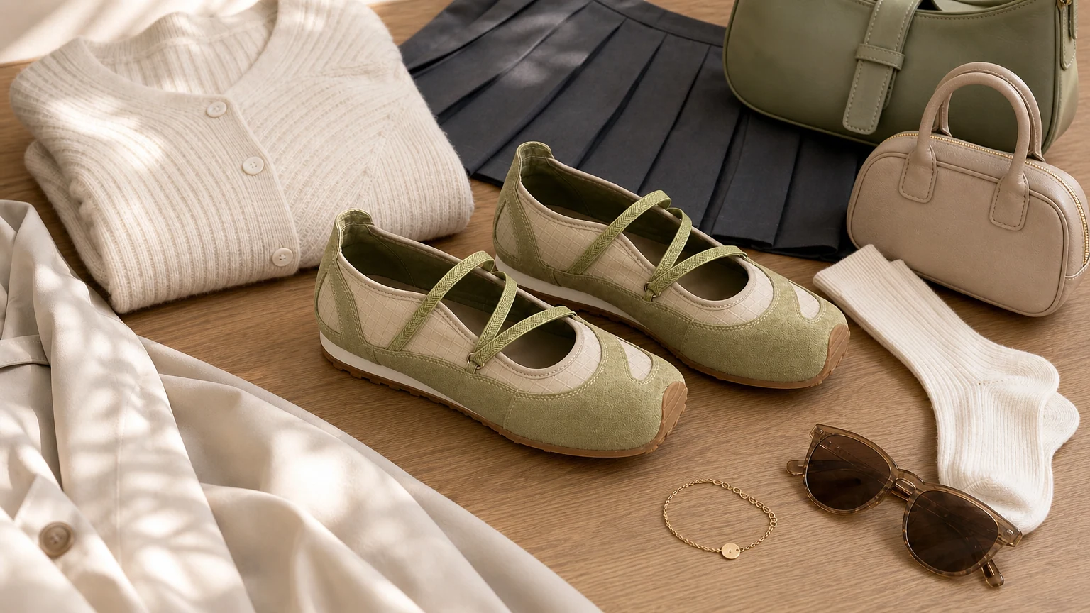Mary Jane ballerina's met contrasterende panelen, gestyled in een strakke lifestyle-setting.