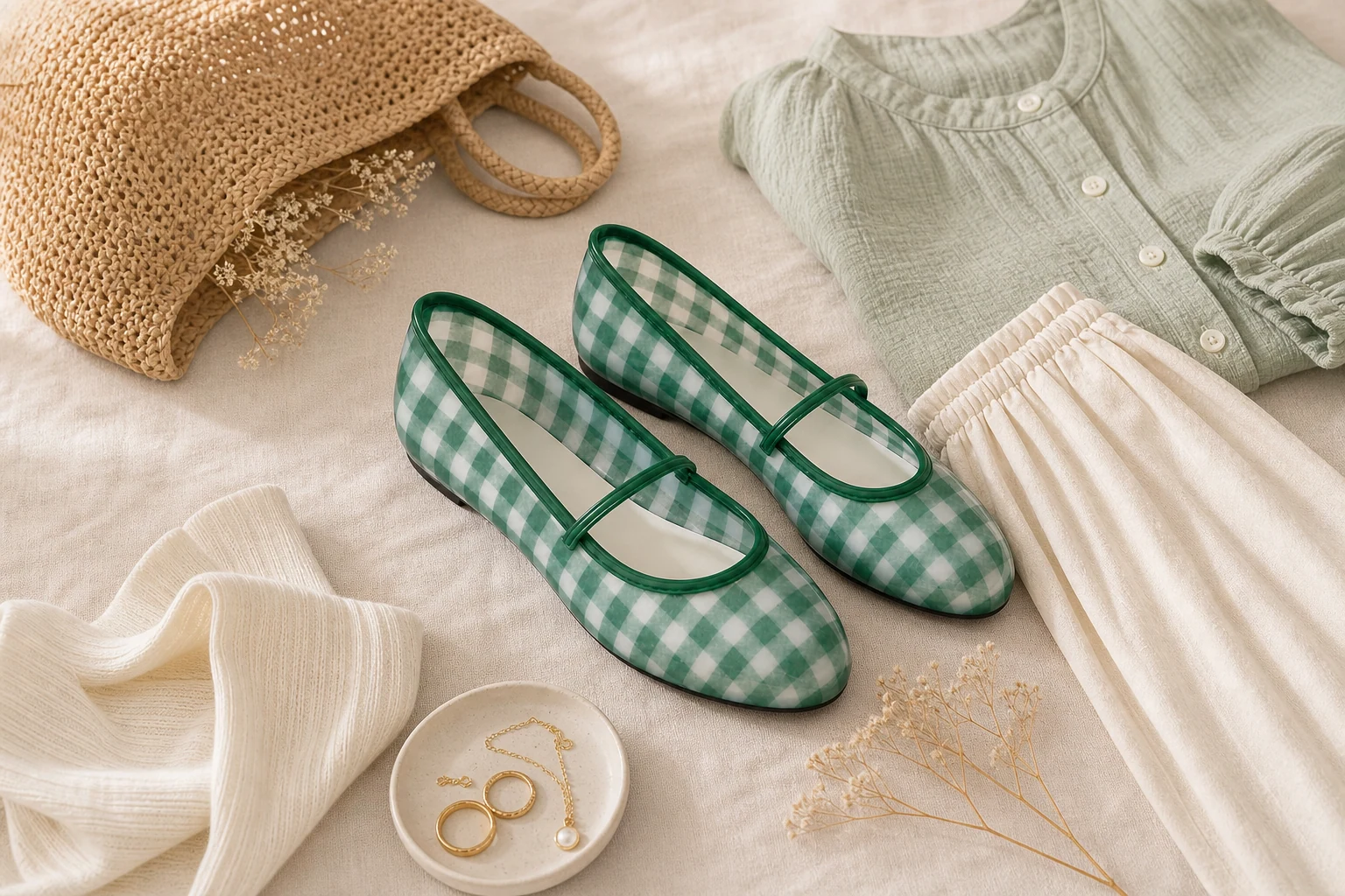 Καρό Mary Jane flats σε μια σκηνή προϊόντων lifestyle