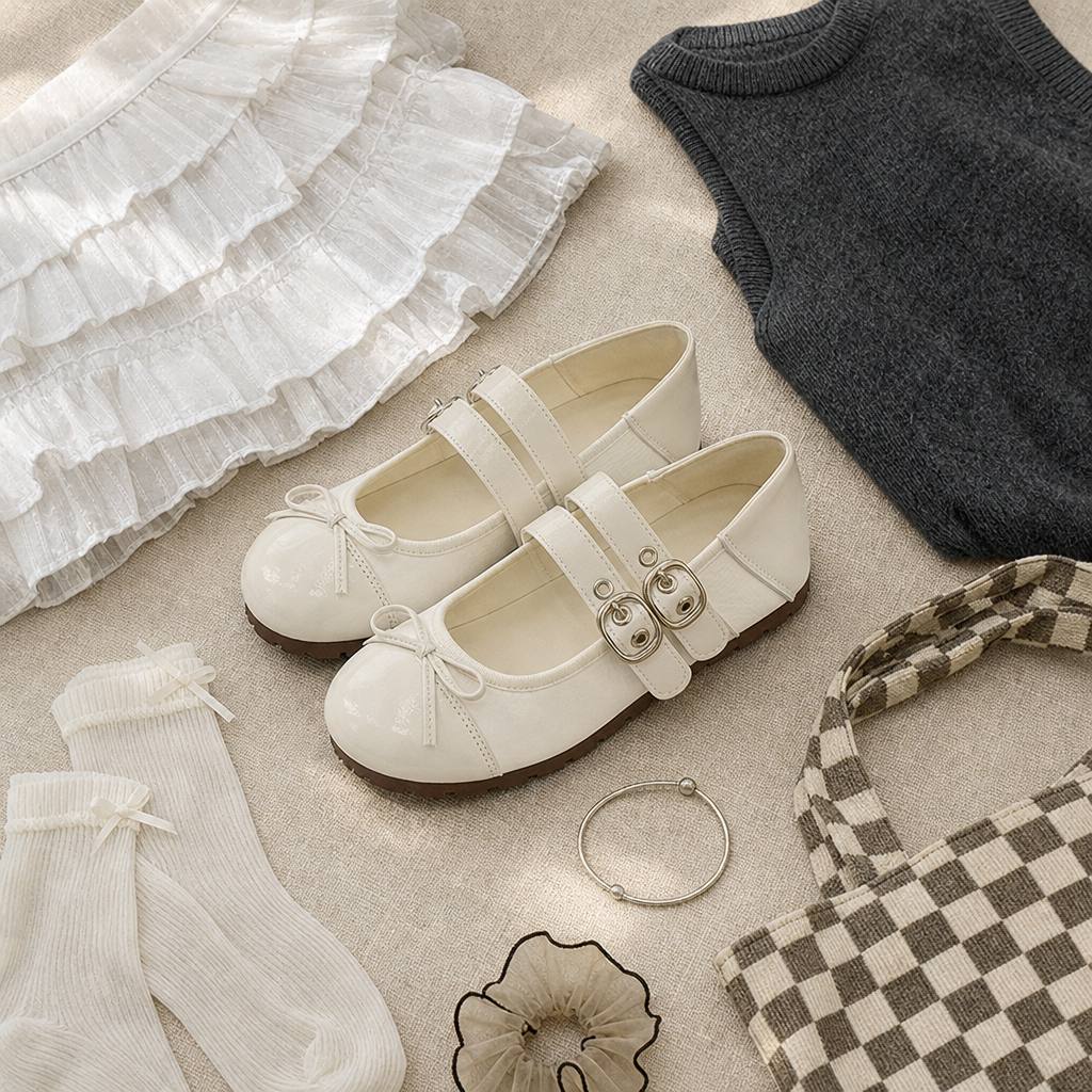 Off-white Mary Jane ballerina's gecombineerd met kleding en accessoires.