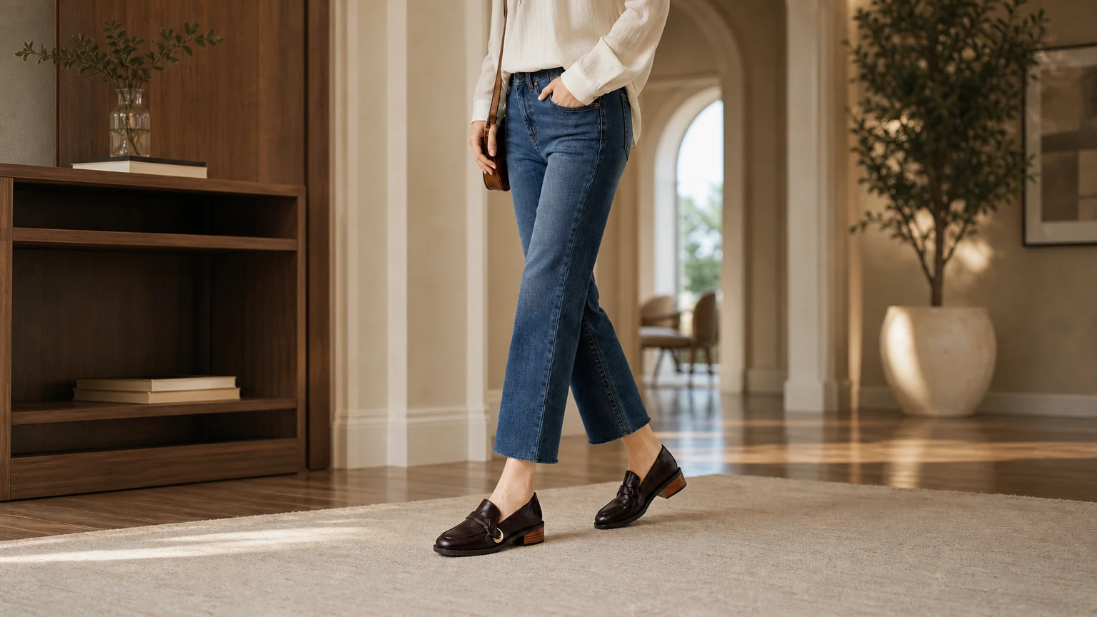 Refined slip-on loafers styled in an office-to-weekend scene