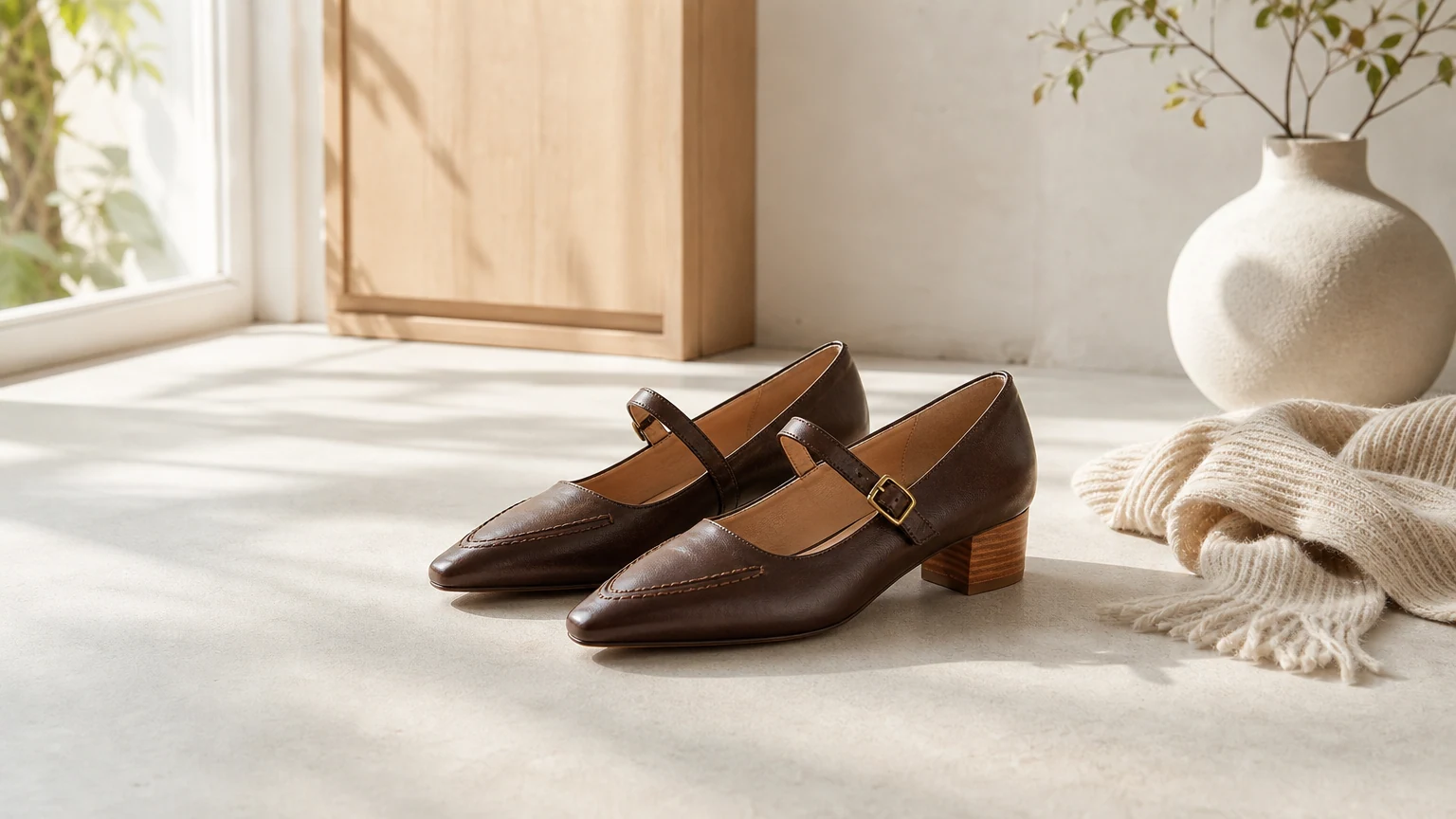 Sapatos sociais de salto baixo com tira de fivela vintage estilizados em uma cena horizontal