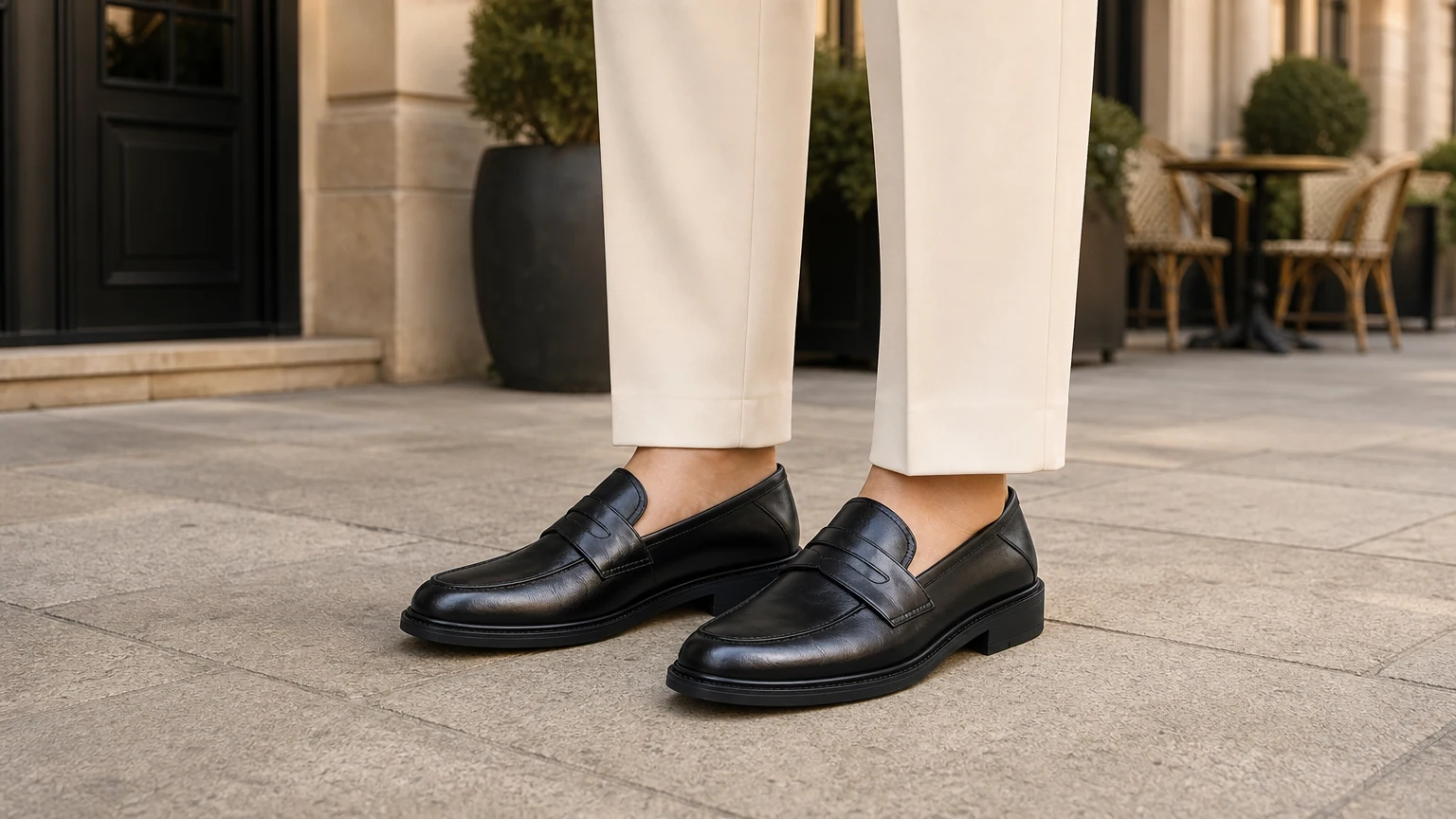 Mocassins de bureau raffinés à petit talon, légers, présentés dans un cadre de vie élégant.