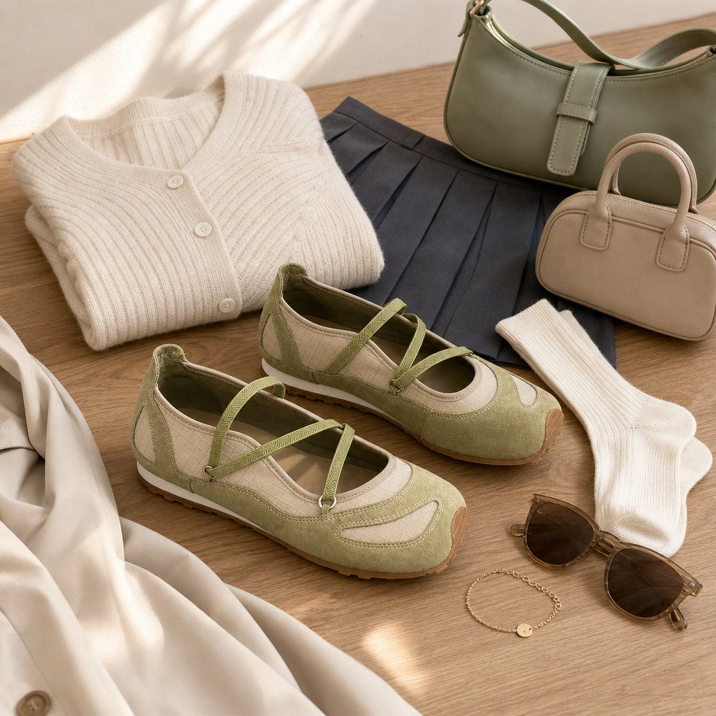 Mary Jane ballerina's, flat-lay lifestyle arrangement met accessoires