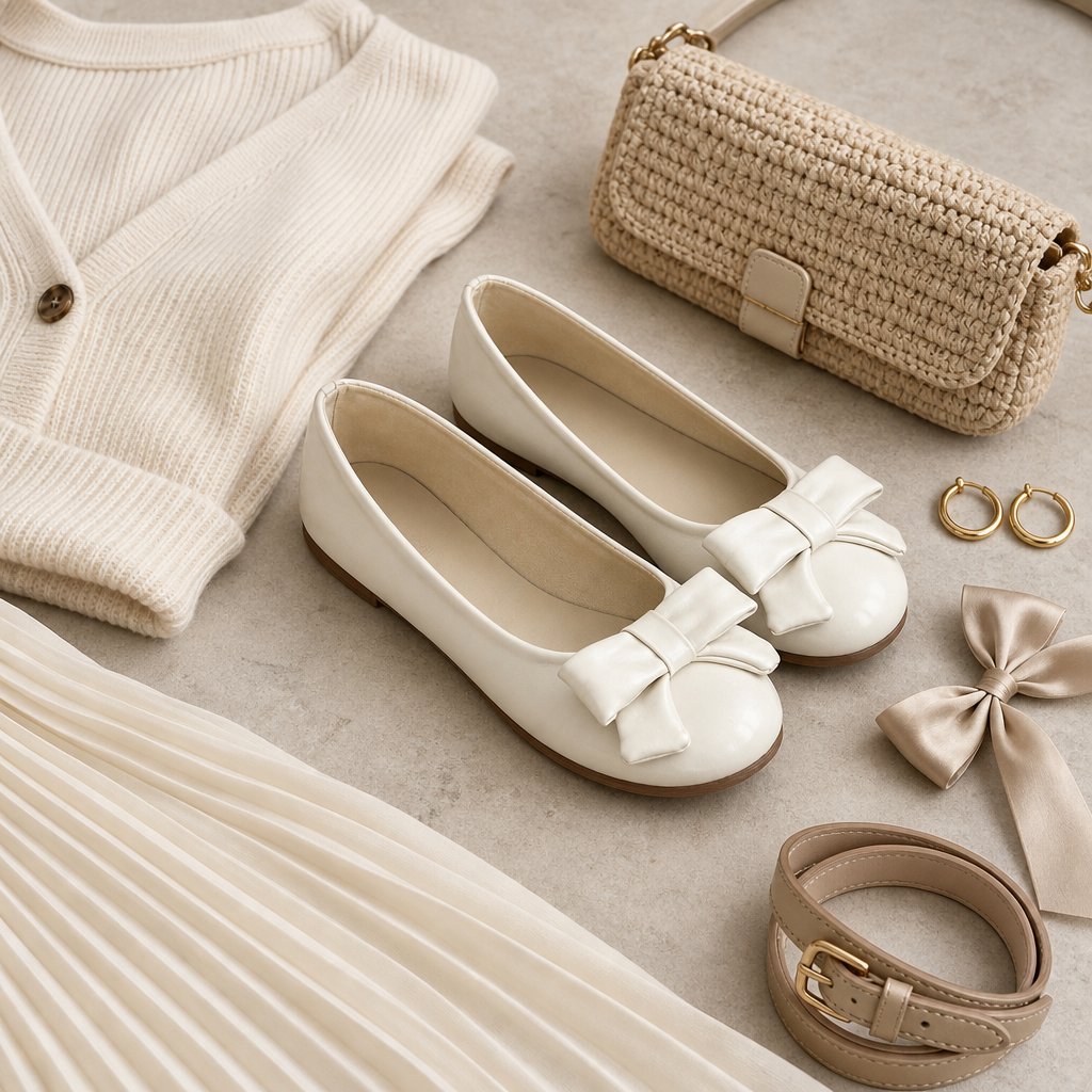 Crèmekleurige, glanzende ballerina's met strikjes, gecombineerd met accessoires.