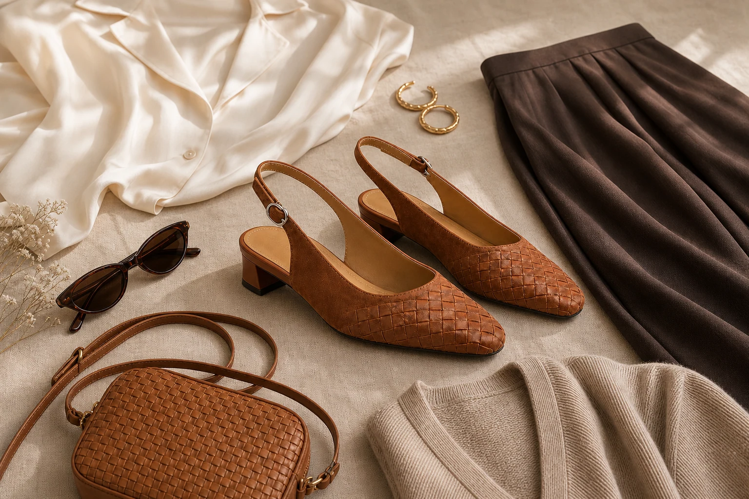 Sapatos tipo slingback trançados em um cenário de estilo de vida com produto completo visível