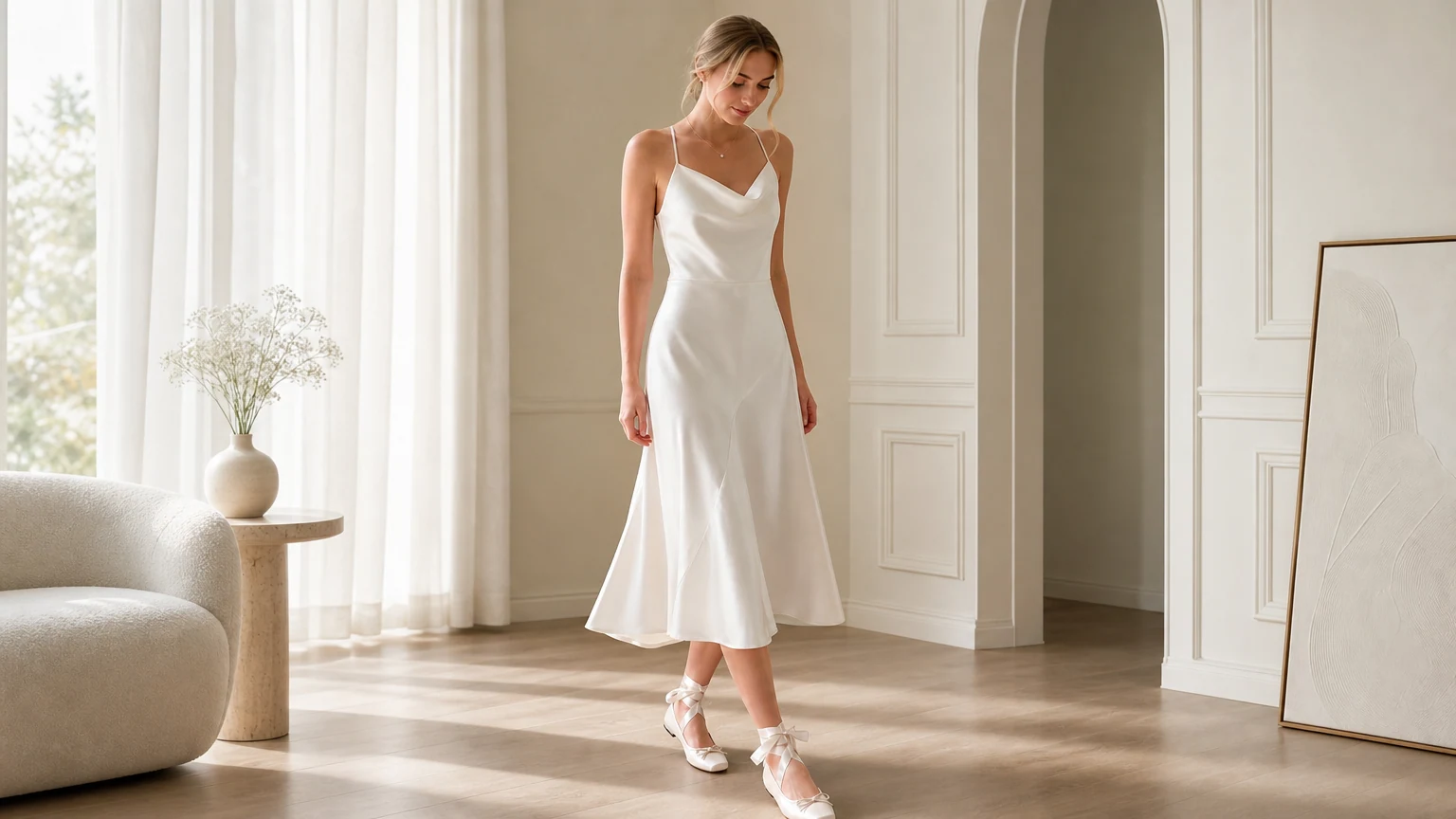 Ballerine da donna con lacci, in una delicata scena lifestyle in formato 16:9.