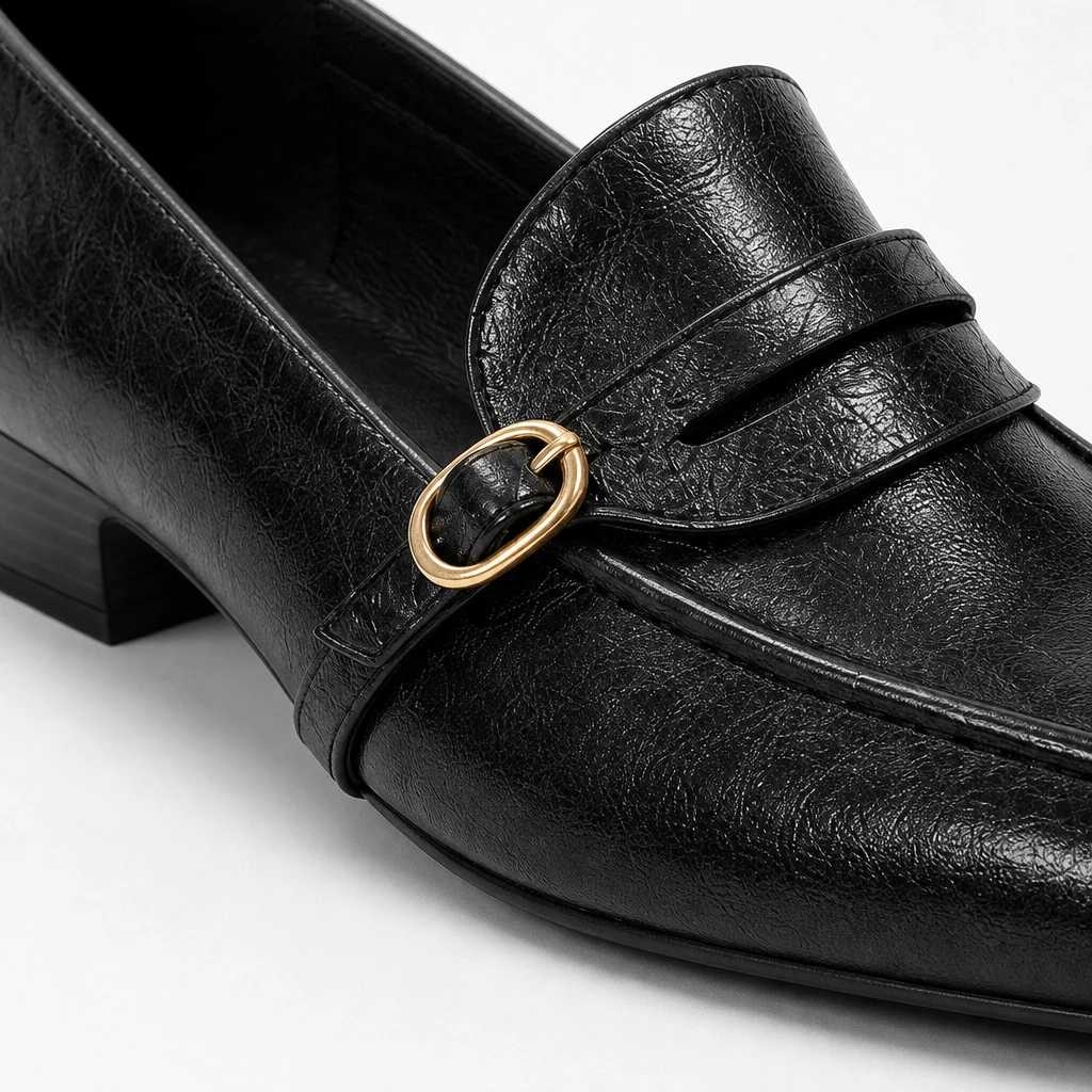 Close-up detail of leather loafer texture, stitching and buckle finish
