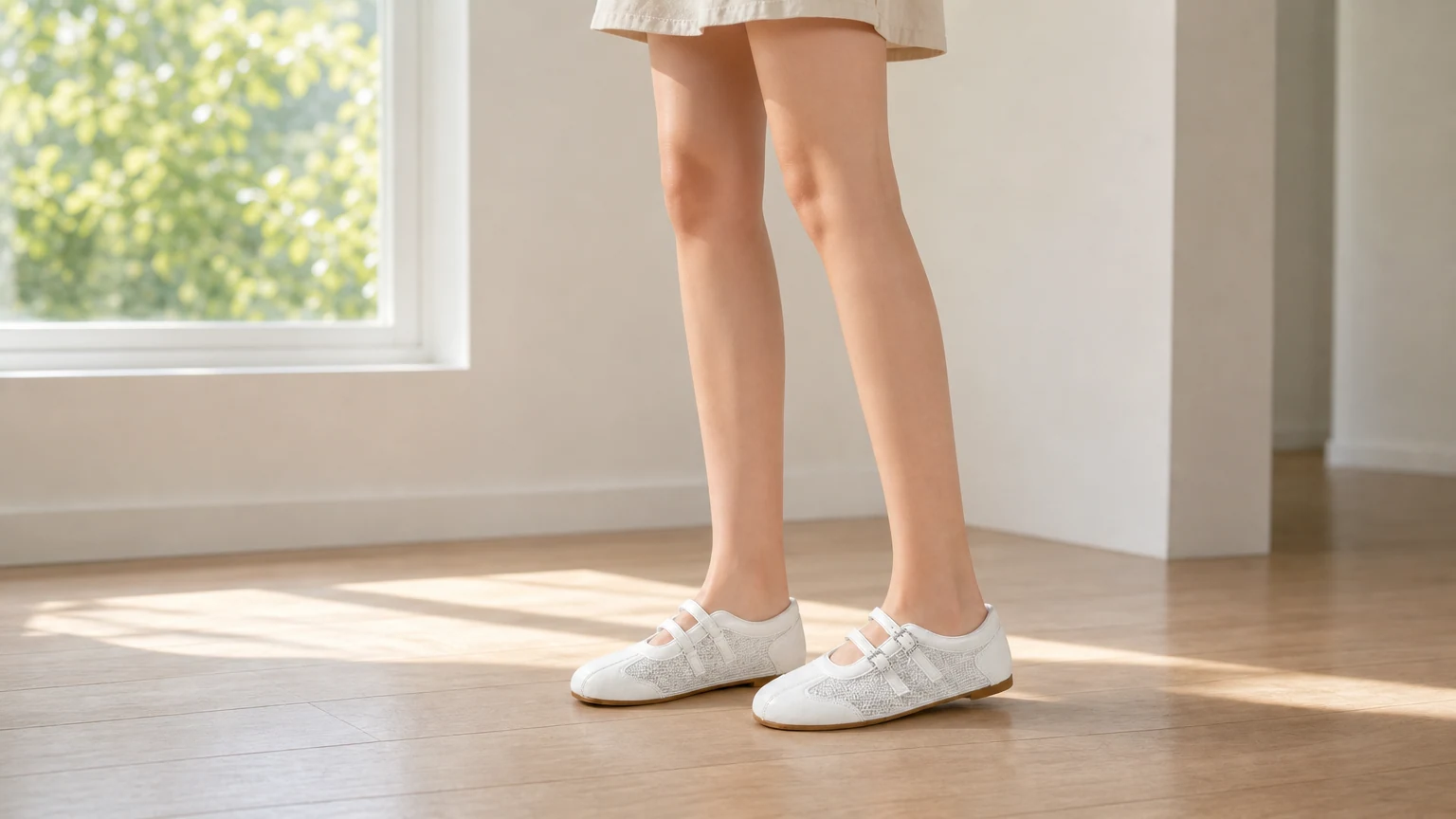 Sneakers Mary Jane da donna con doppio cinturino, in un contesto lifestyle.