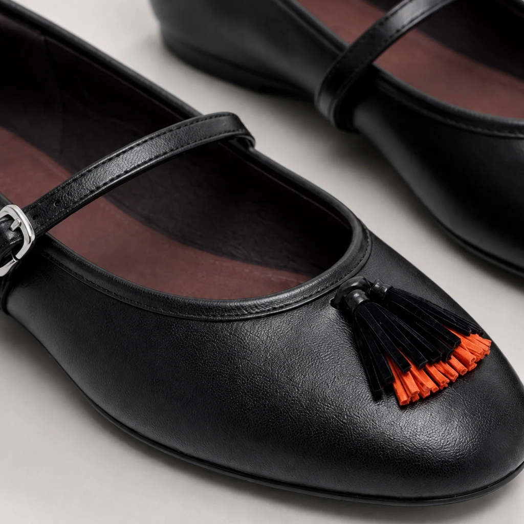 Detailní záběr na detail měkkých texturovaných plochých bot Mary Jane