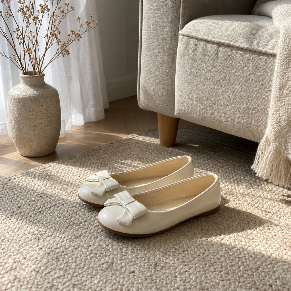 Beige glanzende ballerina's met strik, binnen geplaatst in de buurt van meubels.