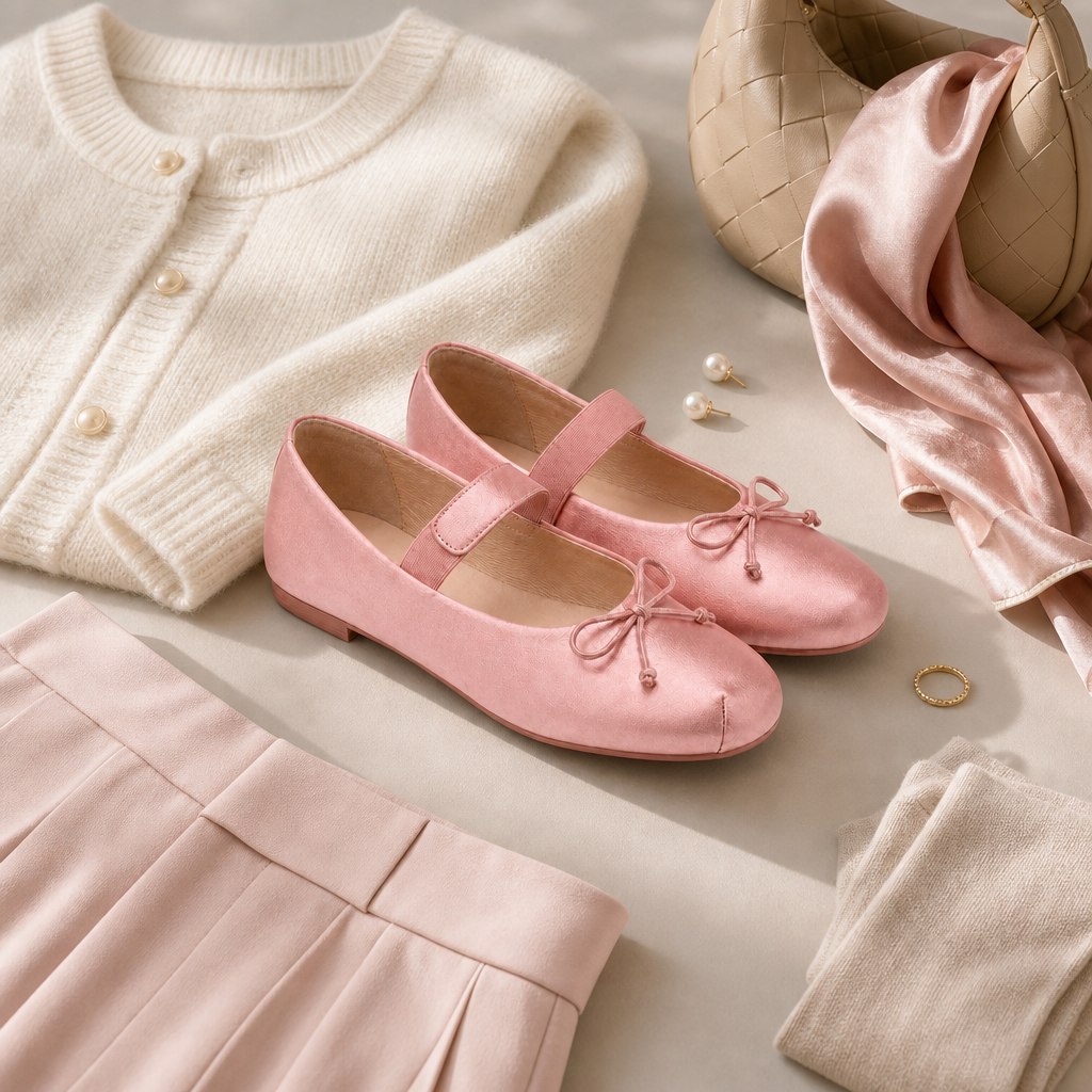 Roze Mary Jane ballerina's gecombineerd met kleding en accessoires.