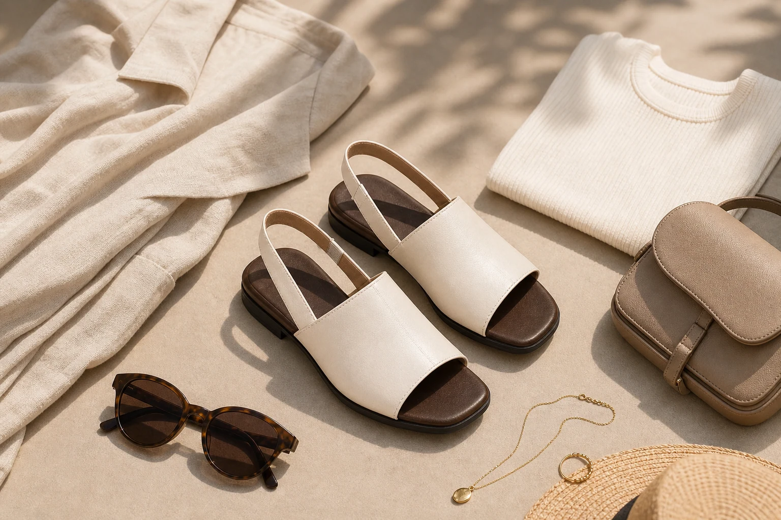 Flat open toe sandals in a lifestyle scene