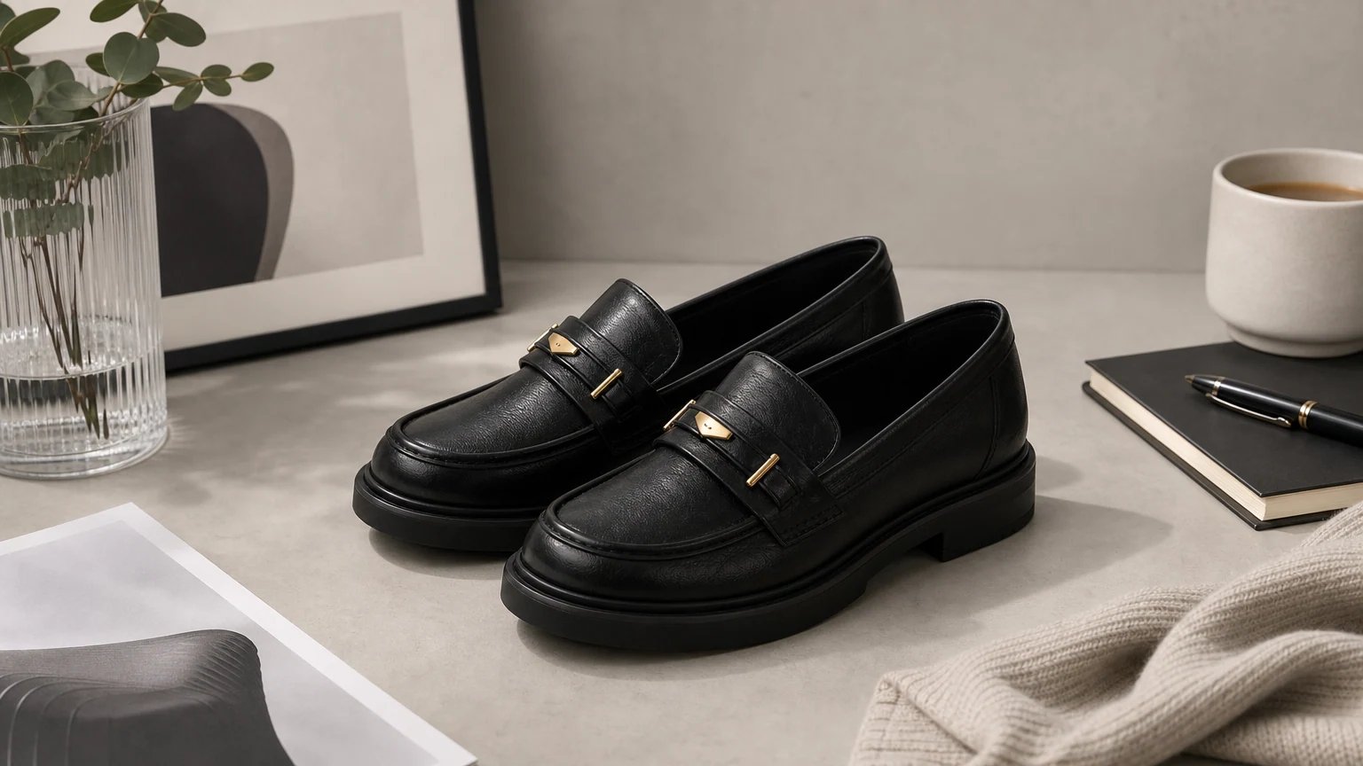 Mocassins noirs structurés à enfiler, stylisés dans une scène de style de vie horizontale