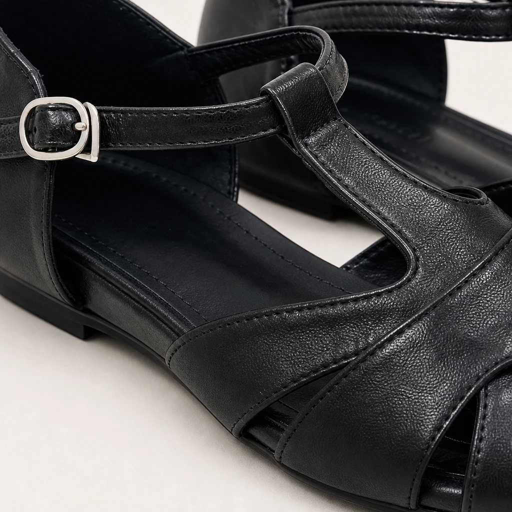 Close-up of the hollow-out shoe upper, leather-style finish, and construction detail