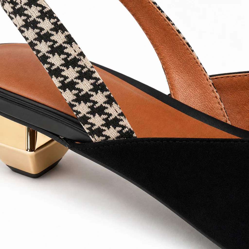 Detalhe em close da tira de salto tipo slingback preta e acabamento em couro