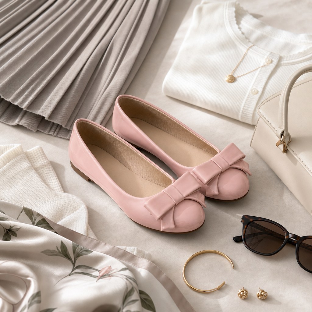 Roze glanzende ballerina's met strik, gecombineerd met kleding en accessoires.