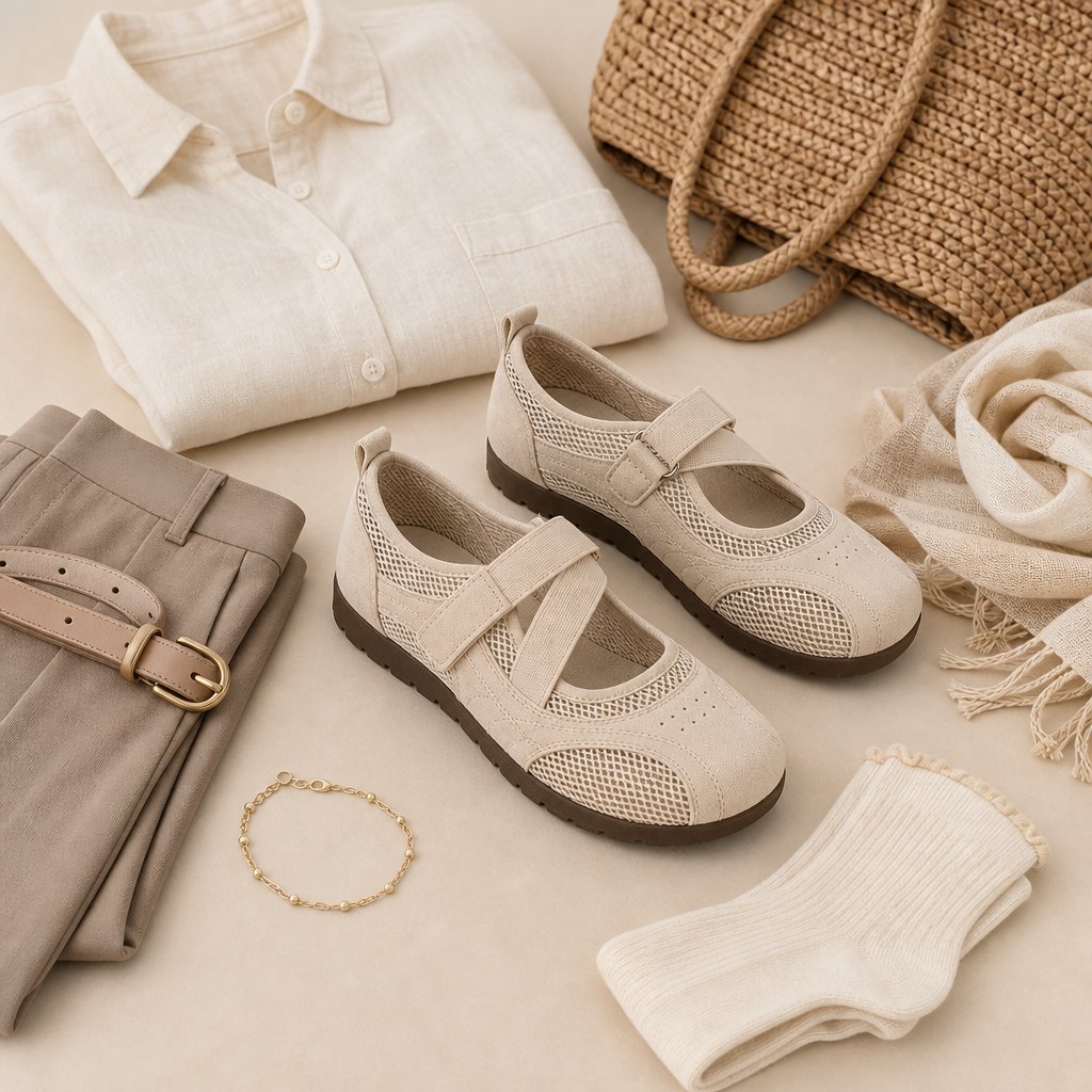 Beige Mary Jane ballerina's in een gestileerde flat lay met accessoires.