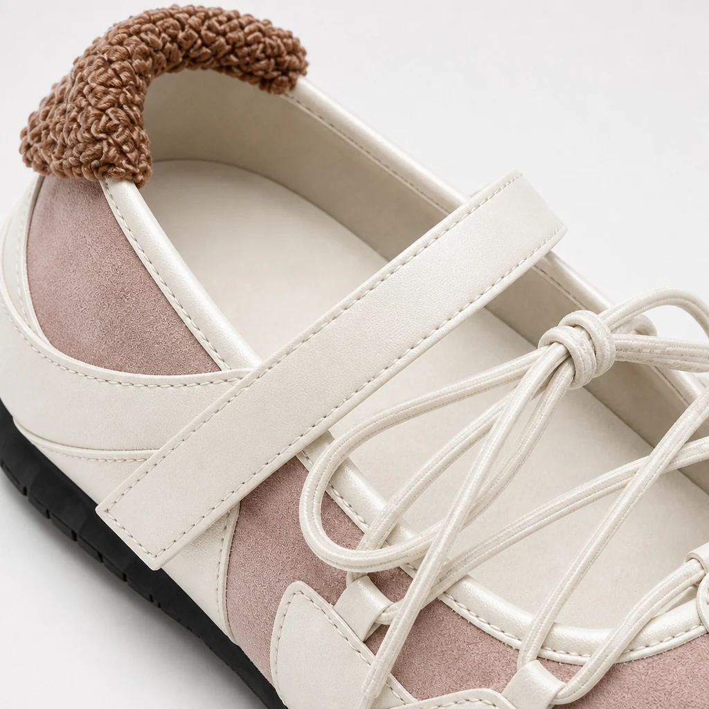 Dettaglio ravvicinato della tomaia sportiva da ballerina, con allacciatura elastica e cinturino.