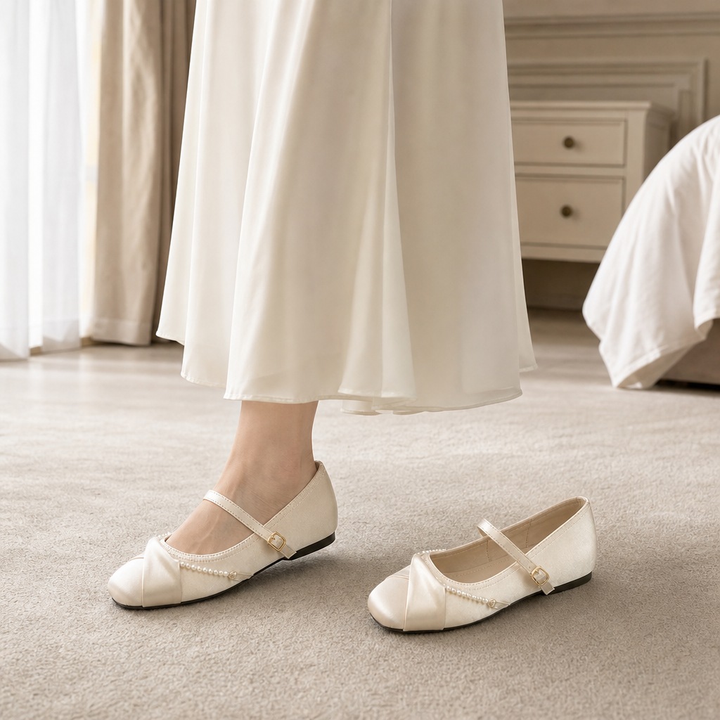 Beige Mary-Jane-Ballerinas zum Rock getragen