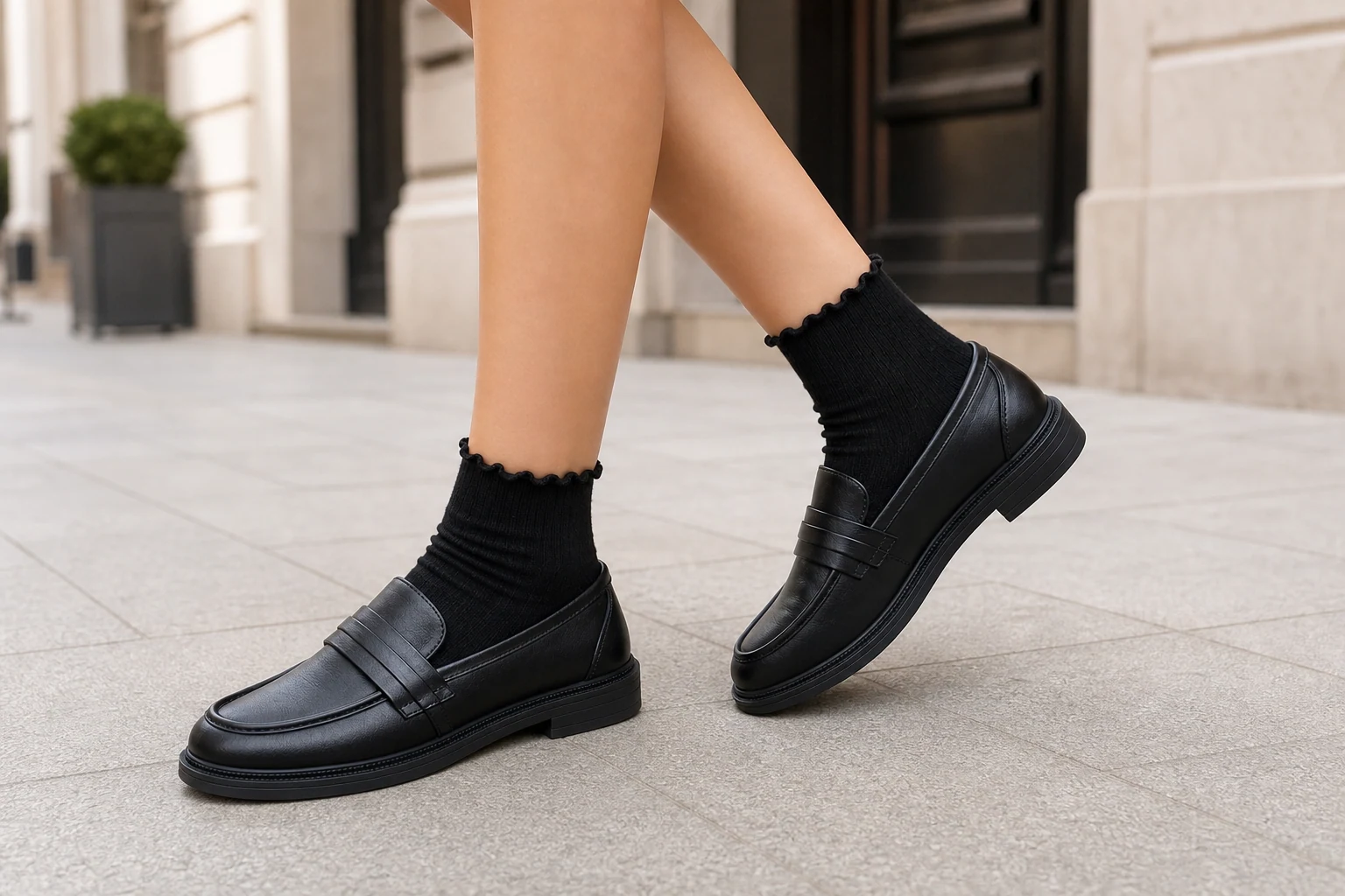 Mocassins noirs au centre d'une scène de produits de style de vie