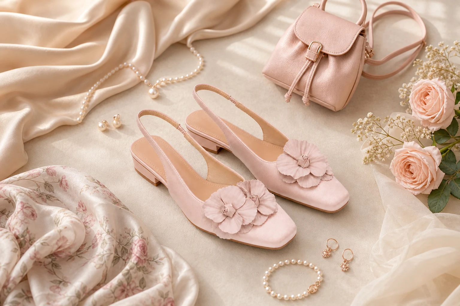 Salto tipo slingback floral rosa em uma cena de produtos de estilo de vida
