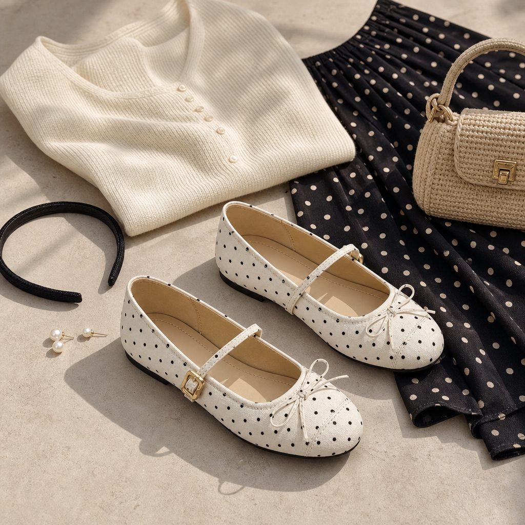 Crèmekleurige Mary Jane ballerina's met stippen en bijpassende accessoires.