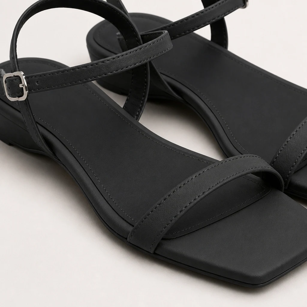 Close-up of sandal straps, buckle, metal accents, and leather finish