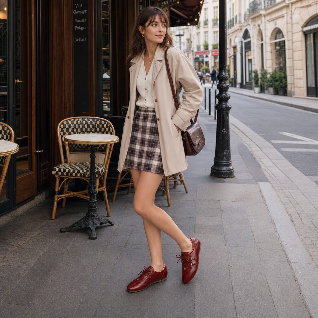 Straatbeeld met model dat Oxford-flats met rode gelaagde bandjes draagt