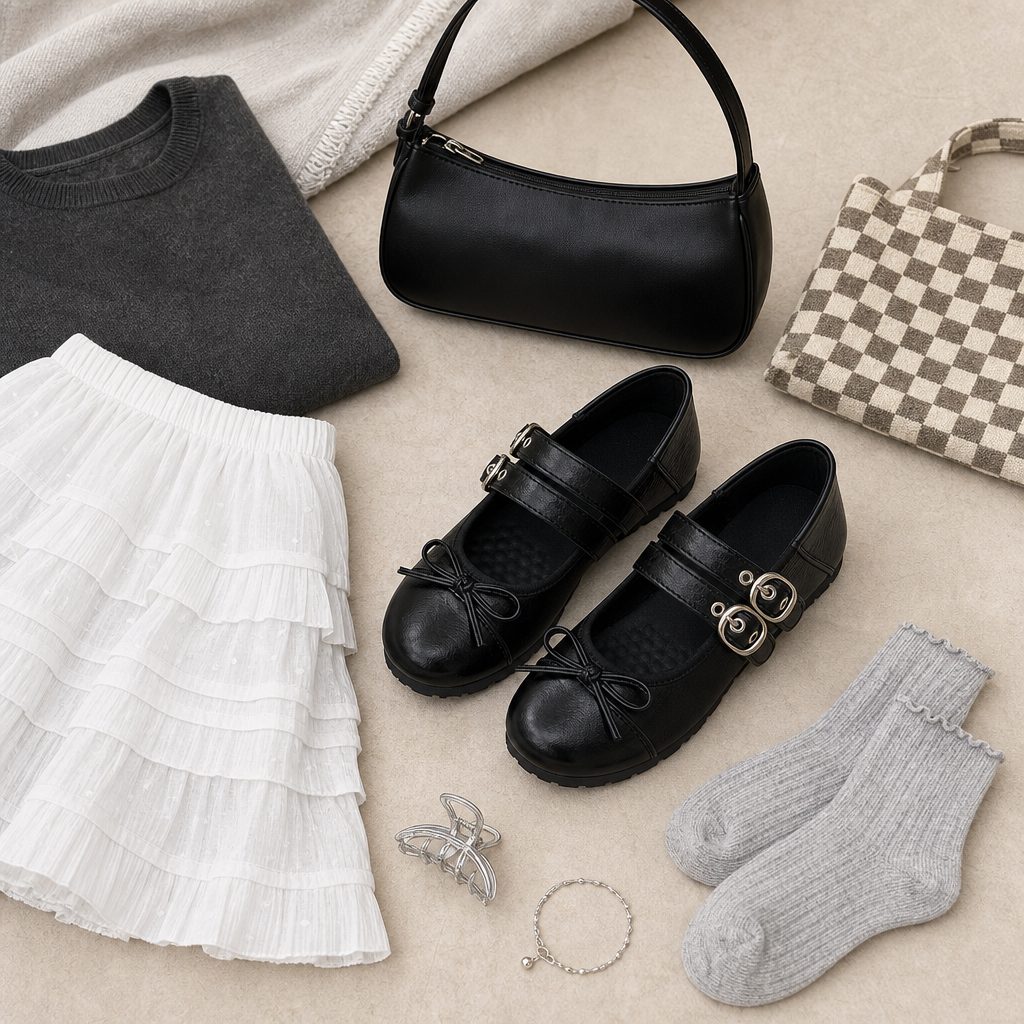 Zwarte Mary Jane ballerina's in een flat-lay outfitfoto.