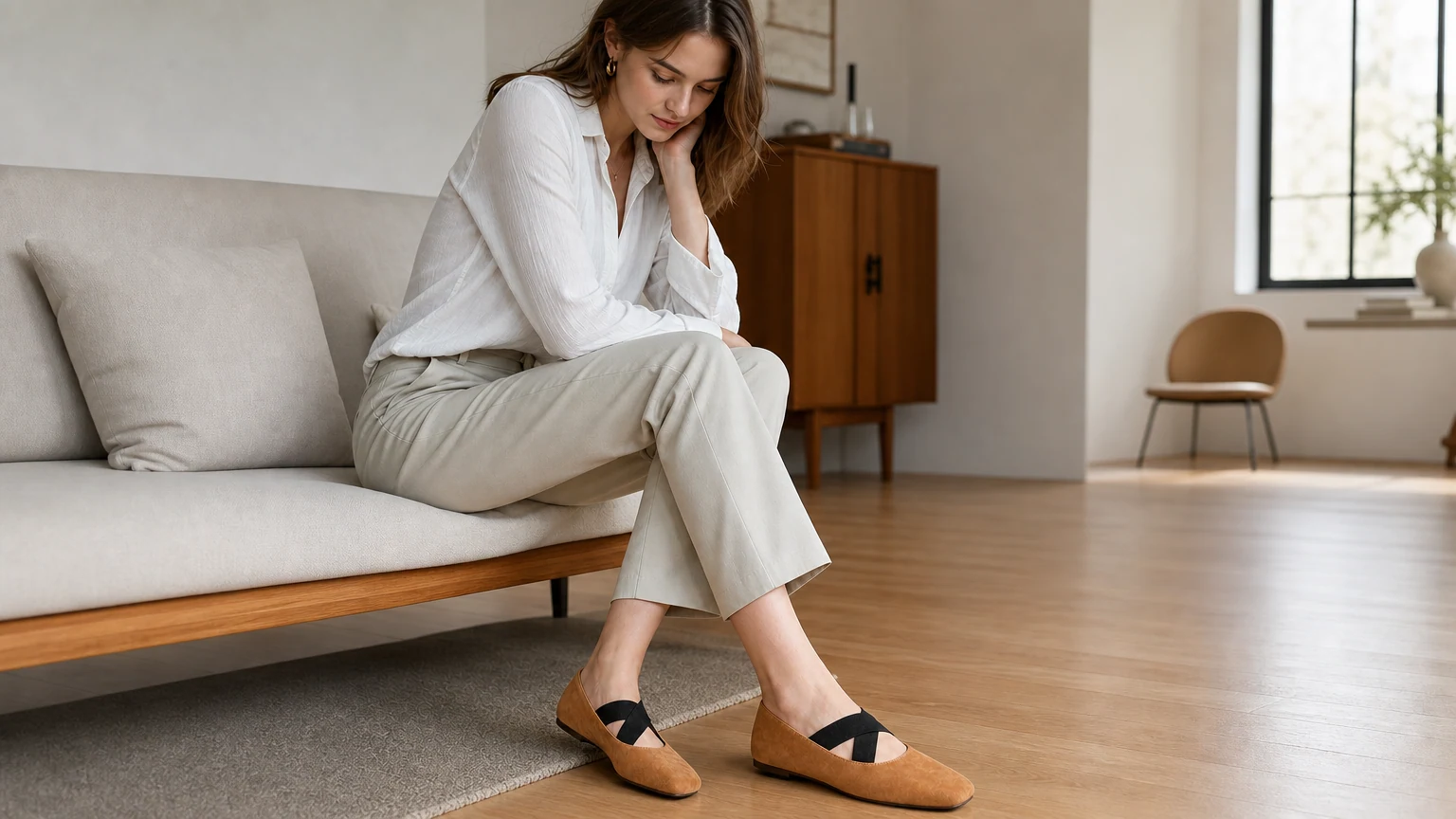 Ballerine a punta quadrata, perfette per un look da workwear minimalista.