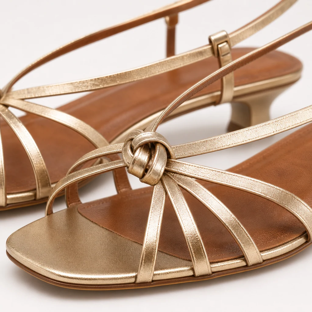 Close-up detail of the gold open toe sandal material and strap construction