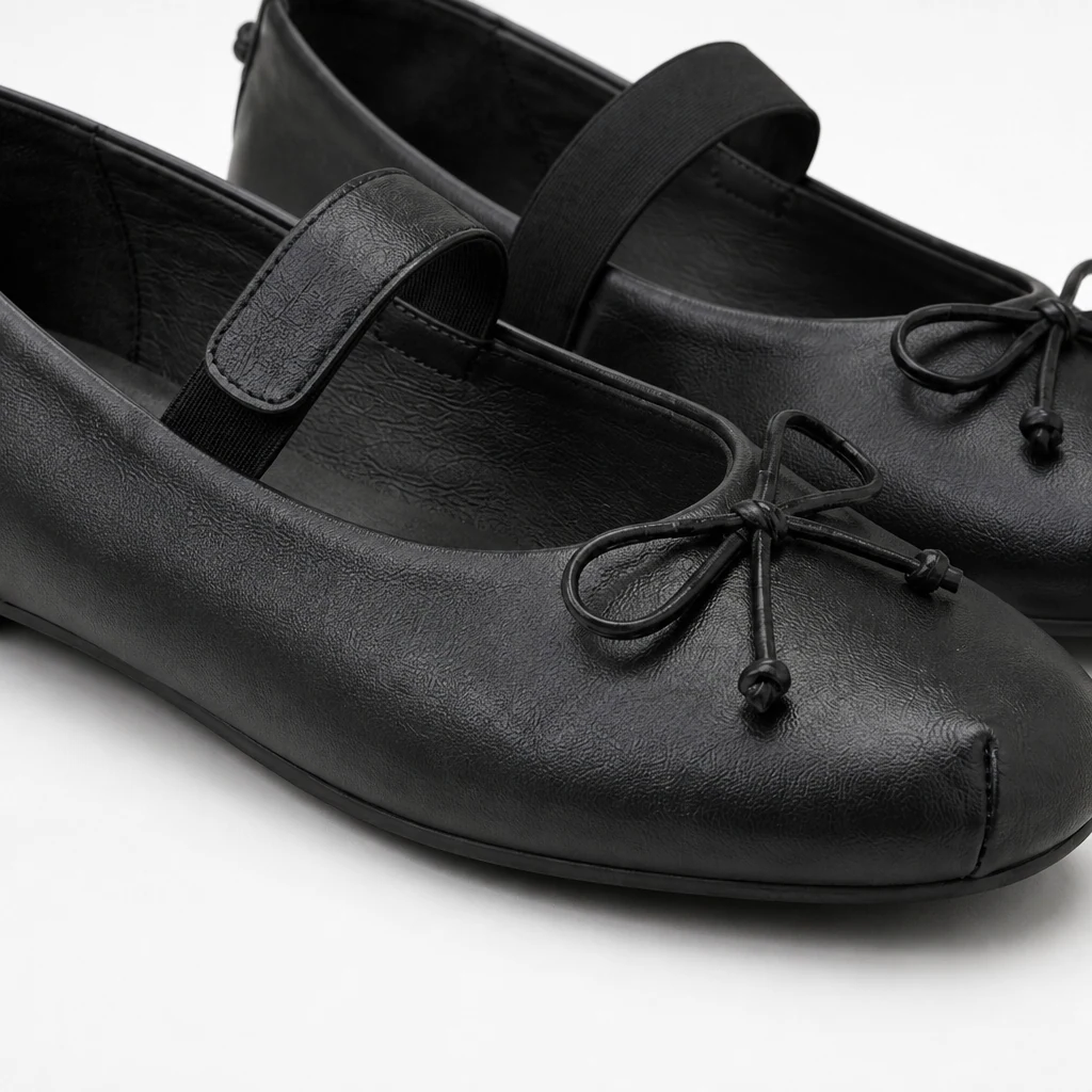 Detailopname van een satijnen Mary Jane-ballerina met strik en elastische band.