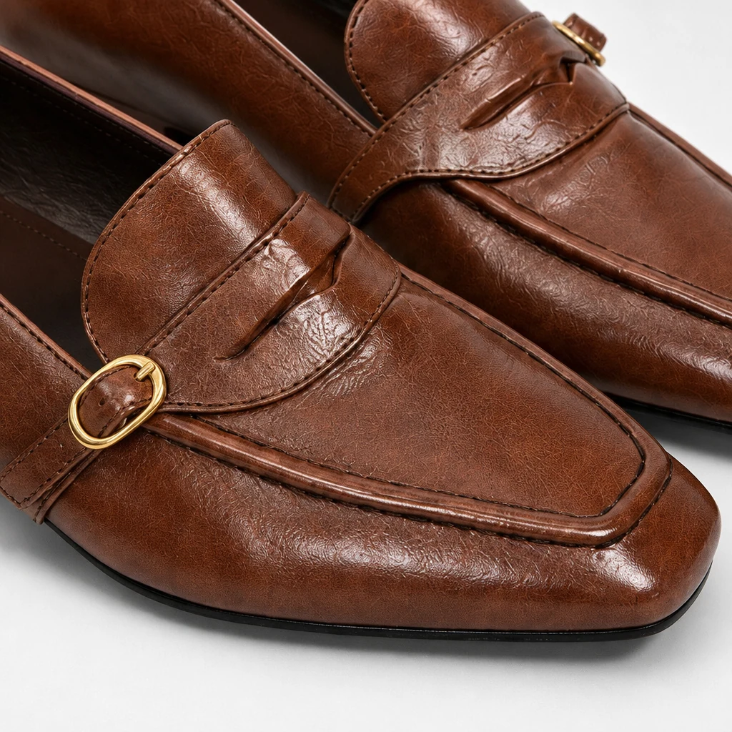 Close-up detail of the film-coated finish and loafer construction