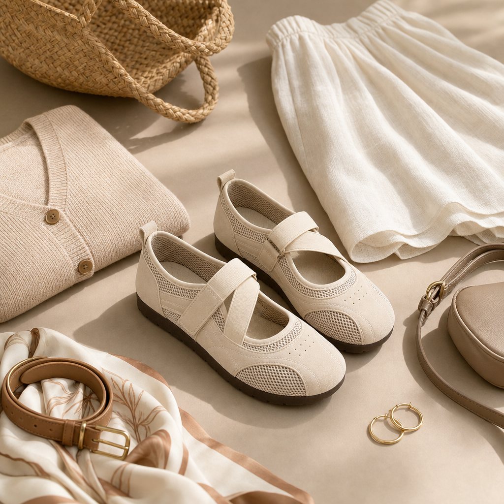 Beige Mary Jane ballerina's gecombineerd met kleding en accessoires.