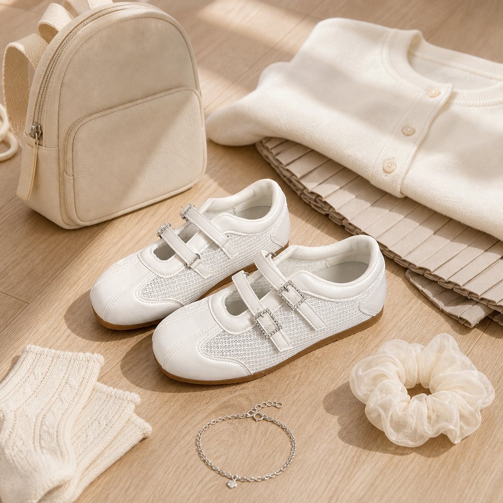 Bílé byty vystavené ve stylovém flatlay s doplňky