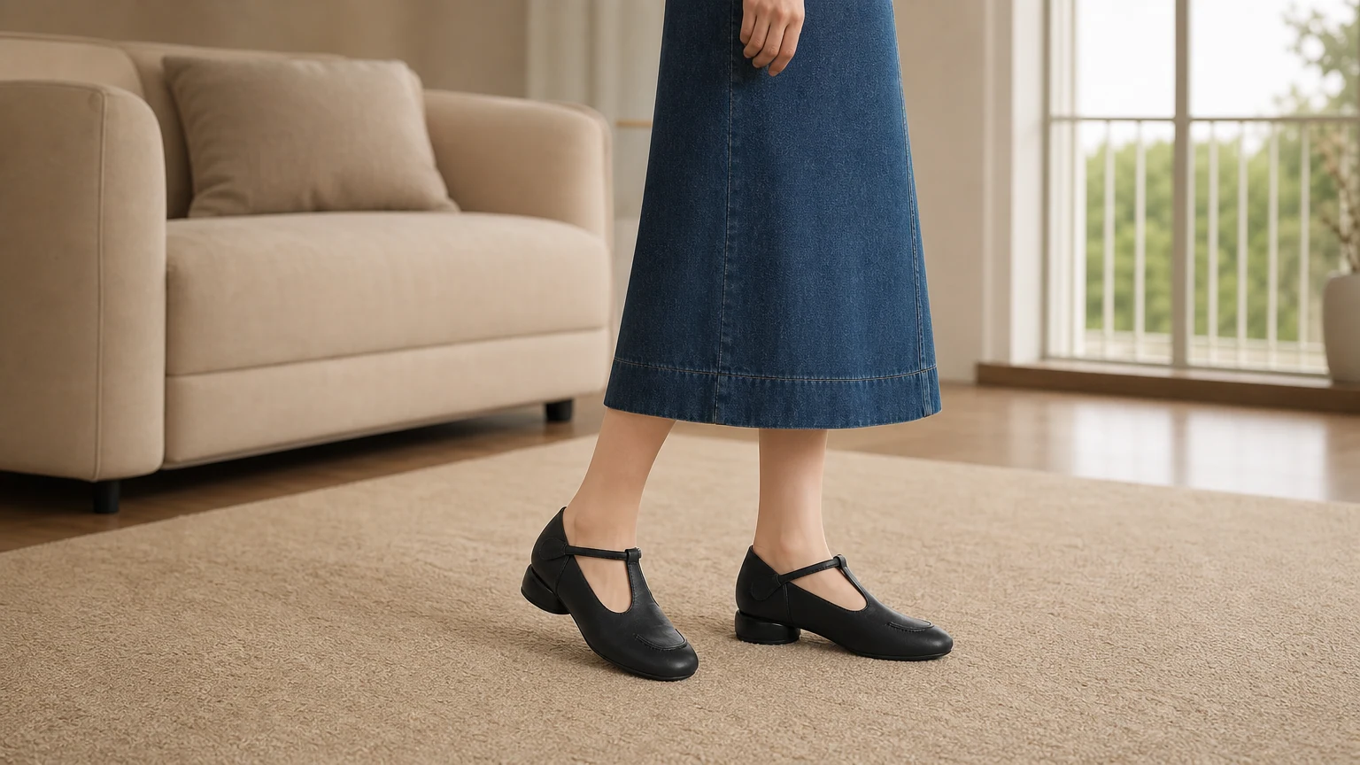 Soft round toe block heel Mary Jane shoes styled in a horizontal scene