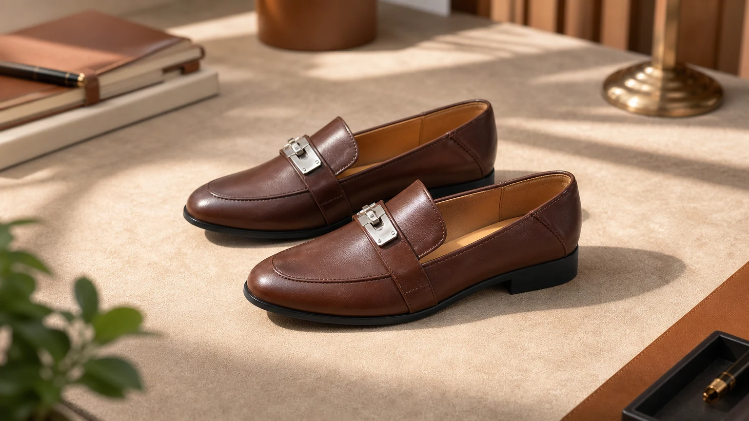 Mocassins de bureau à petit talon ciré dans une scène de style de vie éditoriale