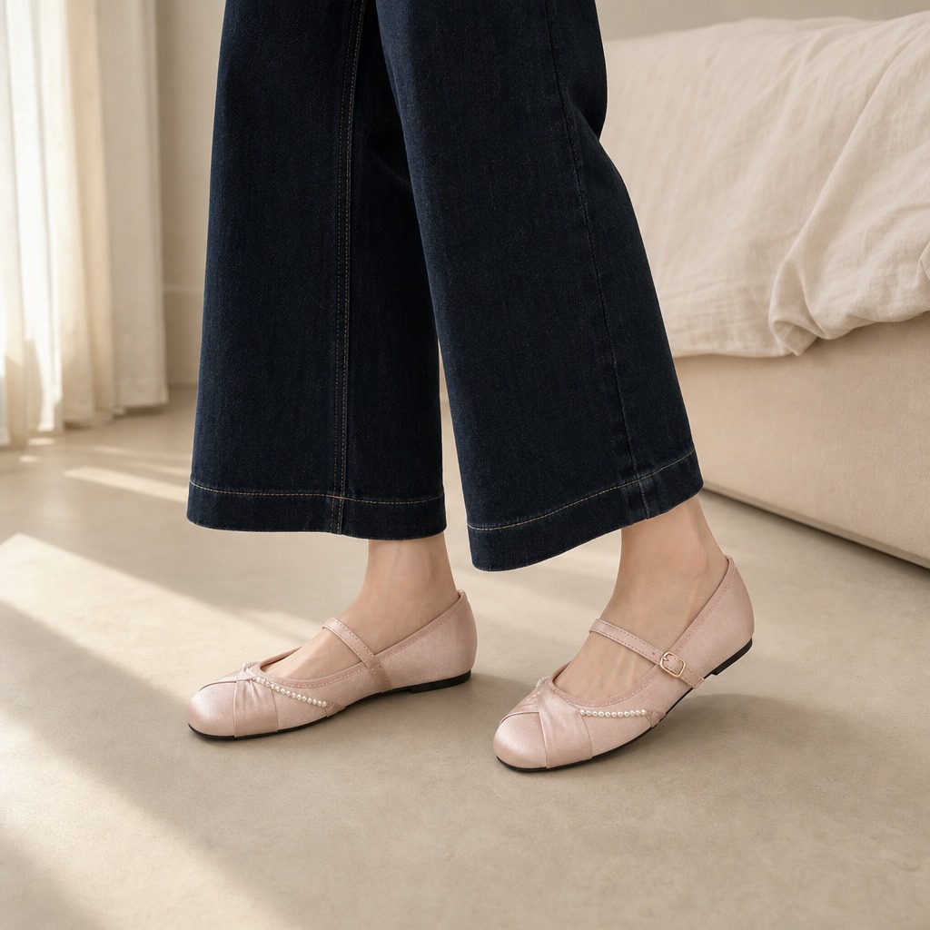 Rosa Mary-Jane-Ballerinas, getragen zu Cropped-Jeans